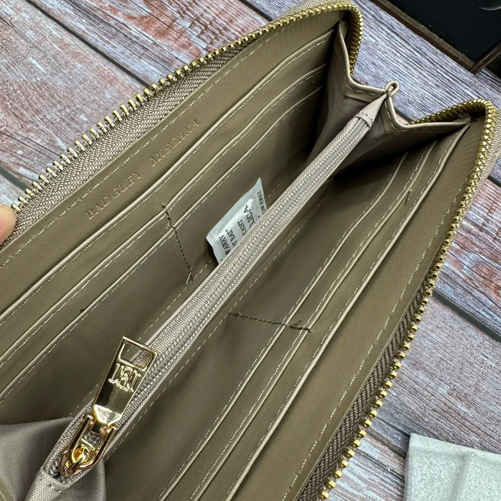 BADGLEY MISCHKA | Zip Around Embroidered Wallet Taupe NWT